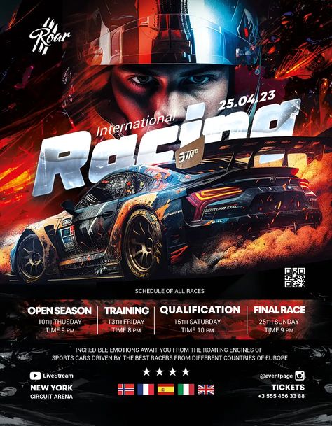 Gaming Posters Design, Car Event Poster, Race Car Design Graphics, Race Poster Design, Racing Poster Design, Sports Graphic Design Poster, Sport Flyer Design, Sport Event Poster, Sports Flyer Design