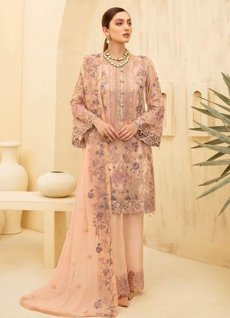 Peach A-line Trouser Lawn Suit New Eid Dress, Organza Sleeves, Chiffon Collection, Eid Dresses, Embroidered Organza, Embroidered Chiffon, Pure Chiffon, Silk Trousers, Chiffon Dupatta