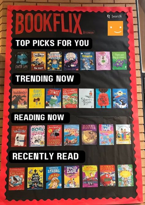 Bookflix Display, School Library Book Displays, Book Bulletin Board, Peraturan Kelas, School Library Bulletin Boards, School Library Decor, Reading Display, School Library Design, School Library Displays