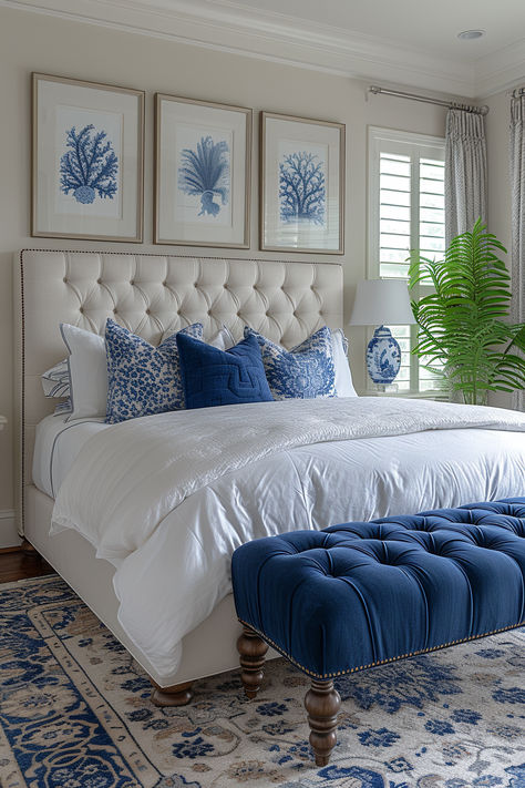 preppy costal bedroom, beachy bedroom, ocean-themed bedroom, bedroom inspo, blue white bedroom Preppy Coastal Bedroom, Costal Bedroom, Blue Room Decor, Blue And White Decor, Preppy Coastal, Inspiration Wall Art, Coastal Room, Blue Bedroom Decor, Wallpaper Home Decor