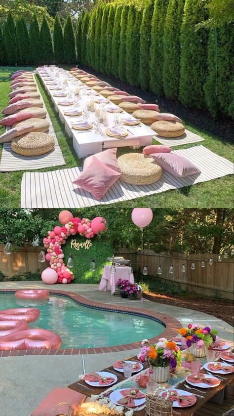 Pink Teenage Birthday Party, Barbie Garden Party, Light Pink Birthday, Sweet 16 Party Planning, Pink Brunch, Teen Girl Birthday Party, Sweet 16 Party Themes, Teenage Birthday Party, 15th Birthday Party Ideas