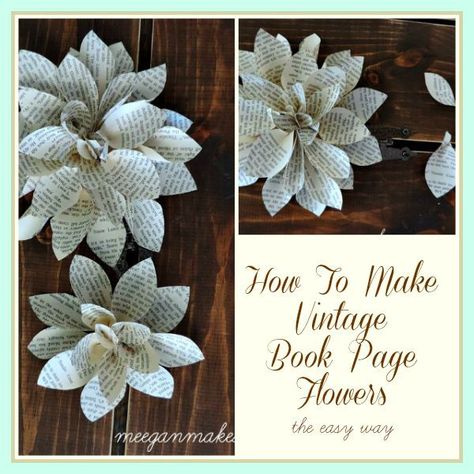 Book Page Flowers made from vintage book pages are a great trend. They are ideal in a cottage, farmhouse or beach style home. Easy to make a great as a gift Tela, Book Page Flowers, Diy Buch, Book Page Wreath, Old Book Crafts, Book Page Crafts, Book Page Art, Book Flowers, Folded Book Art