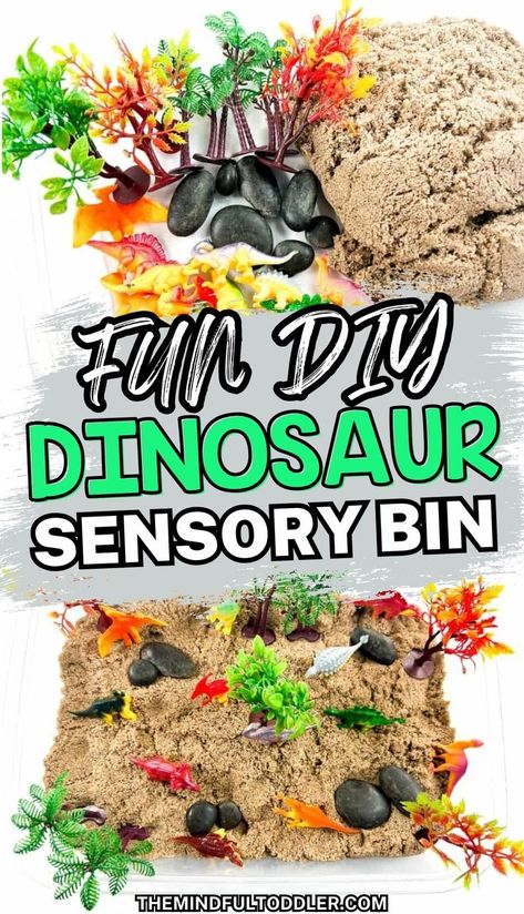 Have toddlers that love dinosaurs? Make this super easy DIY dinosaur sensory bin! This dinosaur sensory activity will help your kids learn and have so much fun in the process. It's great for preschoolers too! Dinosaur Arts And Crafts For Toddlers, Dinosaur Sensory Bin Preschool, Dinosaur Sensory Table, Preschool Sensory Bin Ideas, Dinosaur Sensory Play, Dinosaurs Activities For Toddlers, Toddler Dinosaur Activities, Dino Activities For Preschool, Dinosaurs Preschool Activities