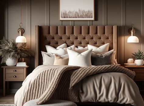 Dark Taupe Bedding, Taupe Bedroom With Black Accents, Taupe Bedding Ideas With Color, Gold And Taupe Bedroom, Headboard Colour Ideas, Taupe Color Bedroom, Taupe Bedroom Ideas Colour Schemes, Taupe And Navy Bedroom, Taupe Accent Wall Bedroom