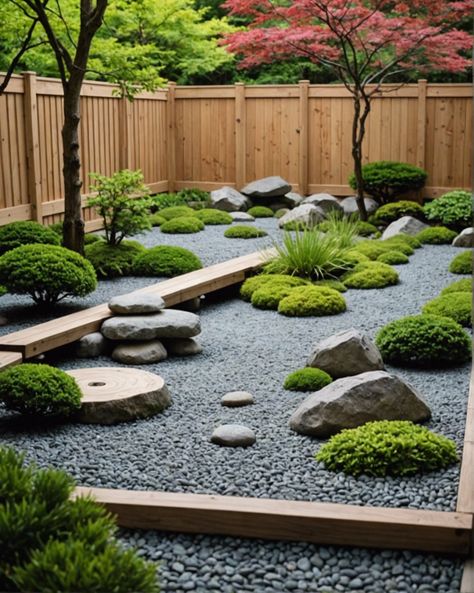 Japanese Zen Garden Ideas for Your Backyard: Relax with natural stone pathways, wooden bridges, and serene koi ponds. Get inspired and create your own tranquil oasis today! Zen Pond Ideas, Simple Japanese Garden Ideas, Japanese Inspired Landscaping, Zen Japanese Garden, Japanese Style Garden Backyards, Japanese Garden Inspiration, Japanese Dry Garden, Zen Front Yard, Scandi Balcony