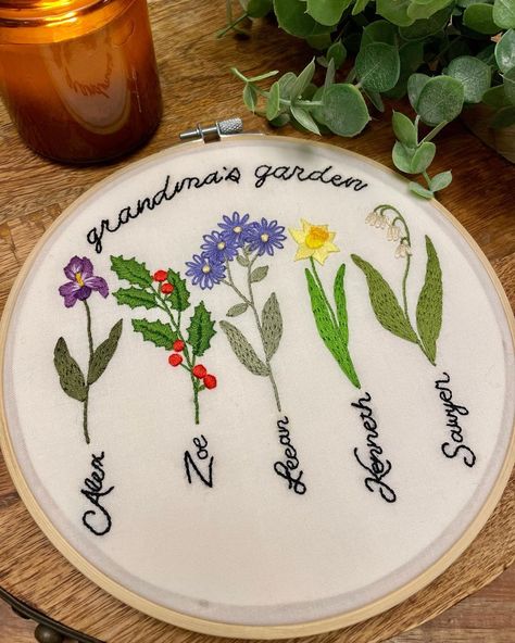 B.Storey on Instagram: “Grandma’s Garden birth month flower embroidery #handembroidery #embroidery #needlework #embroidered #handmade #grandmother #gift…” Embroidery For Grandparents, Embroidery Grandma Gift, Crochet Gift Ideas For Grandparents, Embroidery Gifts For Grandma, Cross Stitch For Grandma, Birth Month Flower Embroidery, Embroidered Mothers Day Gifts, Grandma Embroidery Gift, Embroidery For Grandma