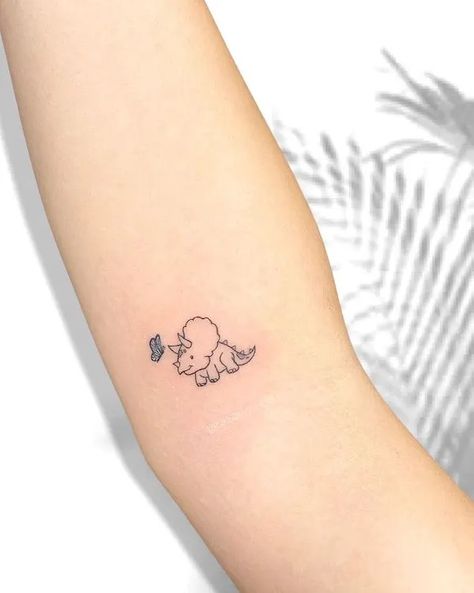 Tiny Matching Dinosaur Tattoos, Dinosaur Tattoo Small Cute, Mini Dino Tattoo Ideas, Dinosaur Wrist Tattoo, Dinosaur And Butterfly Tattoo, Small Shapes Tattoo, Thing One And Thing Two Tattoo, Sibling Dinosaur Tattoo, Tiny Tattoos Dinosaur