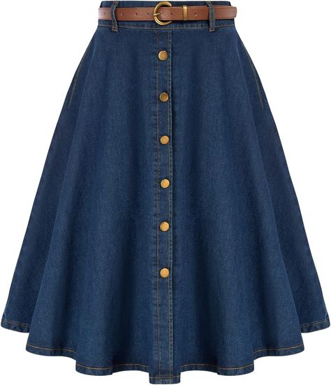 Retro Design: Vintage Denim Skirt Features seven decorated buttons in the front, detachable belt,midi length and pockets, you can put small things like mobile phone, keys into it, high waisted, a-line design, classic solid color Sheer Midi Skirt, High Waisted Black Skirt, Vintage Denim Skirt, Womens Denim Skirts, Midi Skirt With Pockets, Blue Denim Skirt, Classic Skirts, Midi Flare Skirt, Black Denim Skirt