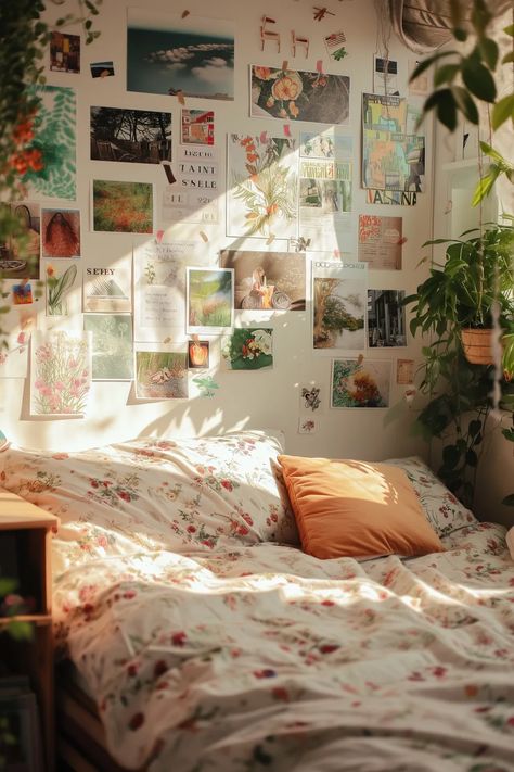 19 Trendy Dorm Wall Decor Ideas That Look Amazing Photo For Bedroom Wall, Bedroom Wall Photo Collage, Photo Wall College Dorm, Wall Photo Collage Bedroom, Dorm Room Picture Collage, Flower Dorm Room Ideas, College Dorm Decor Ideas Wall Decorations, Soft Dorm Aesthetic, Dorm Room Wall Collage