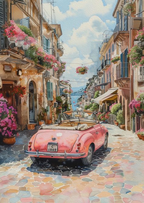 This classic watercolor painting styled print of a vintage pink fiat convertible will add a touch of retro European charm to any wall! This print is the perfect art for any wall in your home, including bedroom wall art, living room decor, hallway and entryway wall art, girls bedroom wall art, pink aesthetic, maximalist wall art, cottagecore and more! **This listing is for a printable only, no frames or decor are for sale ** -------------------------------------------------------------------------------------------------------- YOU WILL RECEIVE: 3 JPG files: 1 full resolution, 1 medium resolution, and 1 websize resolution HOW TO DOWNLOAD** After you purchase your print files you will very quickly receive an email from etsy with a link to download! If you have any issues at all, please feel Vintage Pink Car Aesthetic, Room Posters Pink Vintage, Watercolor Art Vintage, Print Ideas Art Wall Decor, Print Out Wall Art Aesthetic, Poster Wall Ideas Aesthetic, Fiat Convertible, Room Posters Aesthetic Printable, Pink Vibes Aesthetic