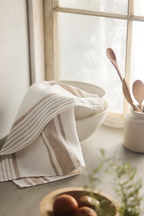 Handmade from super-soft Lithuanian linen, this pre-washed dish towel is a welcome addition to the kitchen. Easy to care for, each tea towel is topped with crisp stripes and a loop for hanging. | Lithuanian Linen Dish Towel, Market Stripe by Terrain in Beige at Anthropologie Yellow Kitchen Towels, Hanging Tea Towels, Thrift Wishlist, Linen Decor, Cream Kitchen, Shop Apron, Dish Rag, Anthropologie Home, Christmas Towels