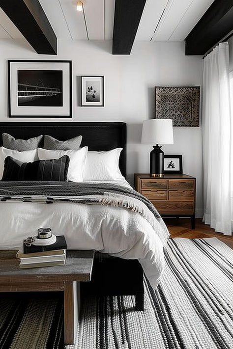 Explore 50 inspiring ideas to transform your black and white apartment bedroom into a stylish retreat perfect for urban living. Bedroom Ideas Aesthetic For Couple, Black And White Bedroom Apartment, Dark Bed Design, Before And After Master Bedrooms Decor, Black Brown Furniture Bedroom, Grey Room Black Furniture Bedroom, Cozy Bedroom Ideas Men, Bedroom Black And White Ideas, Modern Minimalist Bedroom Black And White
