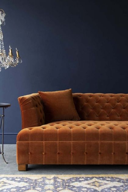 Burnt Orange Velvet Chesterfield Sofa | Rockett St George Orange Loveseat, Blue Chesterfield Sofa, Edwardian Interiors, Orange Interiors, Edgy Glam, Dark Dining Room, Burnt Orange Velvet, Velvet Chesterfield, Timeless Sofa