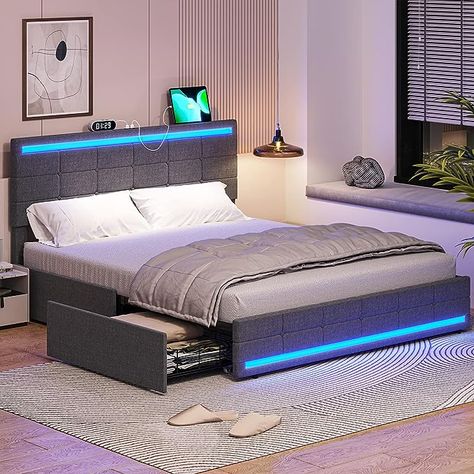 Amazon.com: Tiptiper LED Bed Frame Queen Size with Charging Station, Bed Frame with LED Headboard & Footboard,Platform Bed Frame Queen Size with Storage Drawers, No Box Spring Needed, Easy Assembly, Dark Grey : Home & Kitchen Led Bed, Led Bed Frame, Led Beds, Floating Bed Frame, Storage Headboard, Upholstered Storage Bed, Headboard With Lights, Black Headboard, Full Size Bed Frame