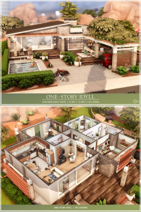 One-story Idyll by Lhonna Sims 4 Family House, Sims 4 Modern House, Sims 2 House, Sims 4 Houses Layout, Sims Freeplay Houses, Sims 4 Challenges, Sims 4 Family, House Ideas Layout, Sims 4 House Building