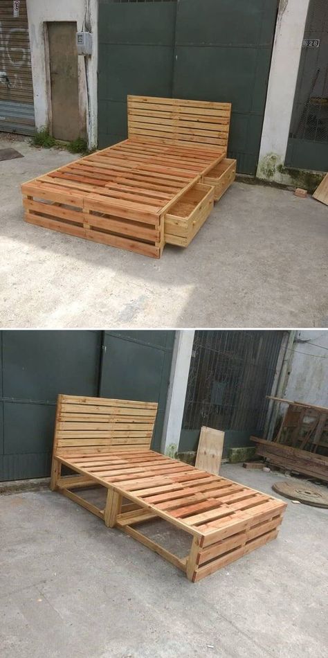 Wood Pallet Bed, Palet Bed, Bed Frame Ideas, Pallet Bank, Diy Pallet Decoration, Wood Pallet Bed Frame, Pallet Bed Frame Diy, Wooden Pallet Beds, Wood Pallet Beds