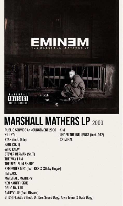 minimal poster of the album marshall mathers lp by eminem The Marshall Mathers Lp Album Cover, Black And White Eminem Poster, The Marshall Mathers Lp Wallpaper, Album Posters Eminem, Eminem Black And White Poster, Eminem Aesthetic Album Cover, Marshall Mathers Wallpaper, Eminem Song Poster, Eminem Album Cover Poster