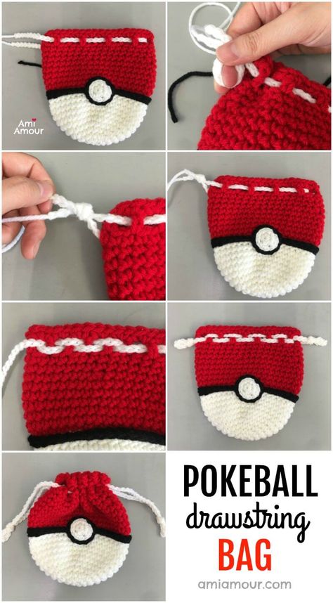 Crochet Pokeball Bag (Drawstring Style) - FREE Pattern - Ami Amour Record Coasters Crochet, Small Simple Crochet Projects, Funny Crochet Ideas, Crochet Record, Quick Crochet Projects Free Pattern, Crochet Pokeball, Scrap Yarn Projects, Pokeball Crochet, Hadiah Diy