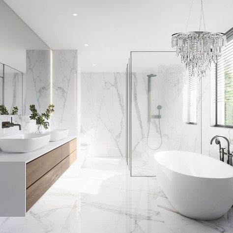 Luxury Bathroom Tiles, Bathroom Chandelier, Top Bathroom Design, Modern Luxury Bathroom, Modern White Bathroom, White Bathroom Designs, Bedroom Minimalist, Bathroom Inspiration Modern, Bathroom Ceiling