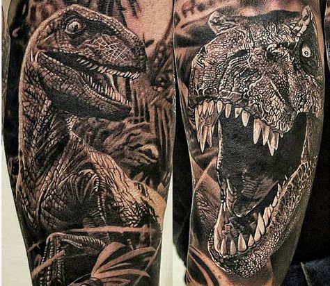 Dinosaur Half Sleeve Tattoo, Jurassic Park Tattoo Sleeve, Dinosaur Sleeve Tattoo, Dinosaur Tattoo Sleeve, Dinosaur Tattoo Ideas, Velociraptor Tattoo, Dinasour Tattoo, Dino Tattoo, T Rex Tattoo