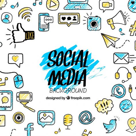 Social media background with hand drawn elements Free Vector Social Media Background Wallpaper, Slogan About Social Media, Social Media Background Design, Social Media Poster Drawing, Social Media Wallpaper, Media Logo Design, Social Media Background, Social Media Calendar Template, Media Background