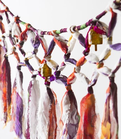 handmade Sari and Song Macrame Garland. Upcycling, Fabric Strip Garland, Party Tassel Garland, Macrame Garland, Bohemian Crafts, Macrame Hanging Chair, Recycled Art Projects, Craft Booth Displays, Scrap Fabric Crafts