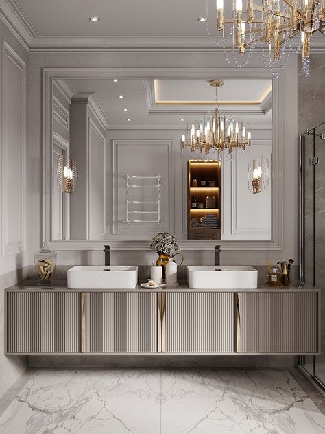 Classic Interior Design Style, Luxe Bathroom Design, Classical Bathroom Design, Classic Bathroom Design Luxury, Neo Classical Bathroom, Bathroom Design Classic, Bathroom Interior Design Luxury Modern, Classic Modern Bathroom, Bathroom Interior Luxury