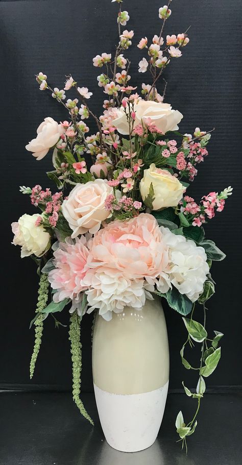 Blush Pink Tall Arrangement by Andrea Rounded Flower Arrangements, Inexpensive Floral Arrangements, Vertical Arrangement Flower, Large Artificial Flower Arrangements, Vertical Flower Arrangement, Artificial Flower Arrangements For Table, Long Vase Flower Arrangements, Country Floral Arrangements, Tall Vase Flower Arrangements