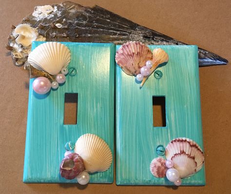 Light Switch Covers Diy, Mermaid Decor Bedroom, Light Plate Covers, Distressing Painted Wood, Seashell Mermaid, Mermaid Seashell, Mermaid Bedroom, Beach Themed Bedroom, Beach Bathroom Decor