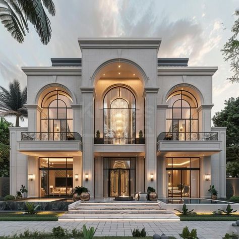 Luxury Home Front Exterior, Front Facade Designs, Balcony Front Elevation Design, House Exterior Cute, Corner House Design Exterior, Elegant House Exterior, Parisian House Exterior, Small Home Hacks, Modern Neoclassical Architecture