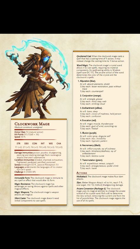 Clockwork Mage | Enemies Clockwork Enemies 5e, Clockwork Soldier Dnd, Dnd Clockwork, Clockwork Dnd, Dnd Enemies, 5e Monsters, Homebrew Monsters, Dnd Monster, Monster Manual