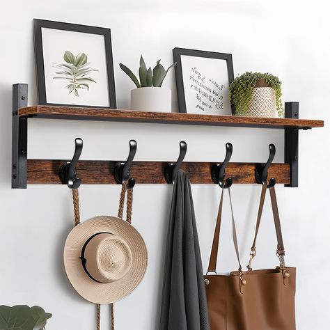 Entryway Hat Rack, Shelf With Hooks Underneath, Shelves With Hooks Decor, Bench And Hooks Entryway, Coat Wall Hanger Entry Ways, Backpack Hooks Entryway, Small Entry Wall, Entryway Coat Rack Ideas, Entryway Floating Shelf