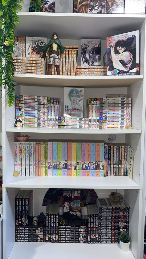 #mangacollection #manga #attackontitan #anime #bookshelf Anime Manga Bookshelf, Anime Bookshelf Ideas, Anime Bookcase, Manga Shelf Organization, Small Manga Shelf, Manga Organization Ideas, Manga Book Shelf, Anime Bookshelf Aesthetic, Manga Bookshelf Aesthetic