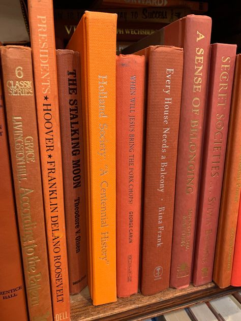 Orange Books, Classic Hall, Metal Base Coffee Table, Dark Wood Coffee Table, Orange Icons:), Orange Book, Bookshelf Organization, American Threads, Orange You Glad