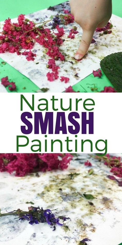 This smash painting process art activity combines nature with art, all while providing kids with a satisfying sensory and gross motor experience! Nature is full of color, and with a little bit of work, kids can extract the color and transfer it to paper. Using items found outside, this nature smash painting creates some beautiful … Preschool Process Art Ideas, Smash Painting, Outdoor Crafts For Kids, Senses Activity, Process Art For Kids, Process Art Preschool, Nature Lessons, Quick Art, Forest School Activities