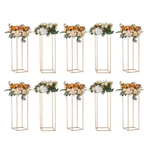 PRICES MAY VARY. Elegant Design: This wedding flower stand features a classic columnar cube design that not only looks simple and elegant but also ensures even weight distribution, enhancing overall stability. It can support a maximum load of 33 lbs, making it suitable for displaying numerous decorations without the risk of them falling off. High-Quality Materials: This wedding flower stand is crafted from high-quality iron material that is resistant to deformation and built to last. It boasts a Acrylic Laminate, Wedding Flower Stand, Metal Flower Stand, Wedding Flower Vase, Gold Wedding Centerpieces, Gold Wedding Flowers, Geometric Centerpiece, Geometric Vase, Metal Columns