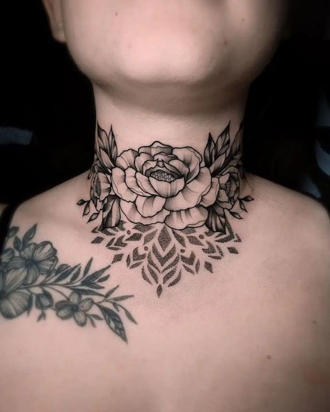 Rose Throat Tattoos Women, Woman Throat Tattoo, Neck And Chest Tattoos, Throat Tattoos Women Simple, Throat Tattoos Women Beautiful, Feminine Throat Tattoos, Womens Neck Tattoos, Neck Tattoos Women Throat, Female Throat Tattoo Ideas