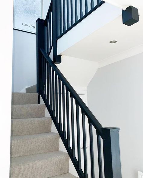 White And Black Bannister, Grey Stairs Black Railing, Black Staircase Banisters, White Hall Black Banister, Black Painted Banister Stairways, Railings Stairs Farrow And Ball, Farrow And Ball Bannister, White Stairs Black Banister, Farrow And Ball Railings Stair Bannister