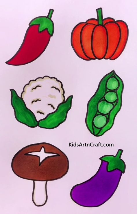 Draw Vegetables, Vegetables Drawing, Cool Drawings For Kids, Vegetable Drawing, Beginners Art, Hand Art Kids, Craft Work For Kids, Seni Pastel