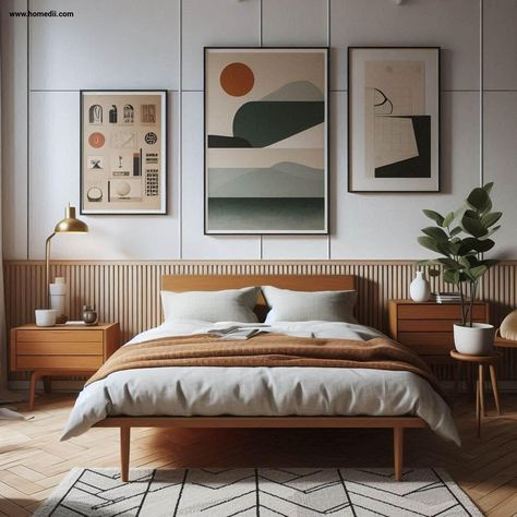 Small Mid Century Bedroom - Hang Statement Artwork Mid Century Blue Bedroom, Mid Century Modern Bedroom Aesthetic, Small Mcm Bedroom, Bedroom Inspirations Master Mid Century Modern, Midcentury Bedroom Aesthetic, Mid Century Modern Kids Room, Small Mid Century Bedroom, Mid Century Bedroom Interior, Mid Century Modern Guest Bedroom