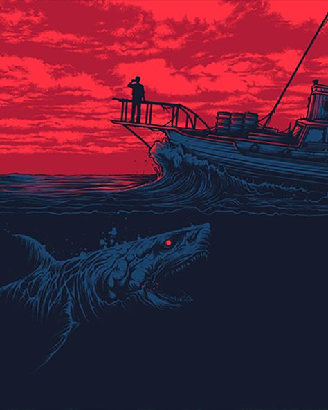 JAWS by Dan Mumford Shark Horror Art, Jaws Art, Jaws Poster, Dan Mumford, Jaws Movie, Acid Art, Shark Art, Horror Movie Art, Desenho Tattoo