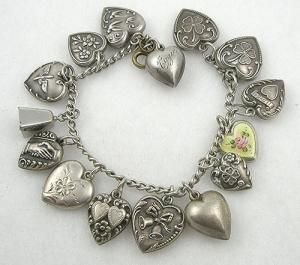 Vintage Sterling Puffy Heart Charm Bracelet - Garden Party Collection Vintage Jewelry Bouquet Of Pink Flowers, Vintage Heart Jewelry, Puffy Heart Charms, Bracelets With Meaning, Dope Jewelry, Cow Bell, Shop Gift, Funky Jewelry, Silver Charm Bracelet