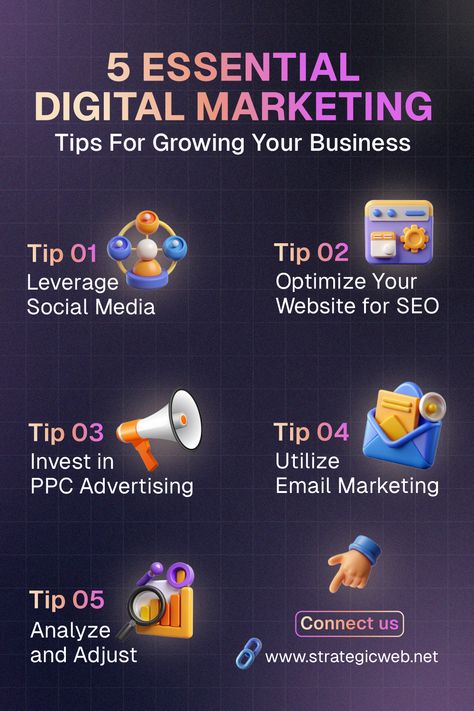 🔥  5 Essential Digital Marketing Tips for Growing Your Business 🔥 

✅ Tip 1: Leverage Social Media

✅ Tip 2: Optimize Your Website for SEO

✅ Tip 3: Invest in PPC Advertising

✅ Tip 4: Utilize Email Marketing

✅ Tip 5: Analyze and Adjust 


🔗 Visit our website: https://strategicweb.net
📞 Contact us today : +1 802-518-0060 Digital Marketing Tips, Brand Architecture, Professional Web Design, Ppc Advertising, Ecommerce Solutions, Seo Tips, Custom Packaging, Free Quotes, Brand Strategy