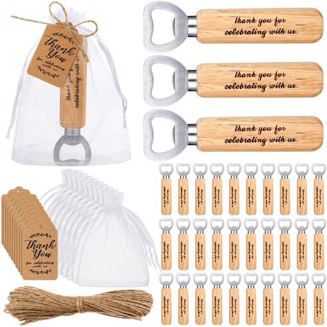 PRICES MAY VARY. Generous Pack: the package comes with 50 packs of bulk wedding favors for guests, including 50 pieces of engraved bottle openers, 50 pieces of white organza bags, 50 pieces of thank you tags, and 1 roll of jute rope, enough quantity for your party serving needs Quality Materials: our bottle opener bridal shower gift is made of reliable materials, the bar bottle openers are made of stainless steel with smooth wooden handle that engraved with appreciated words, not easy to break o