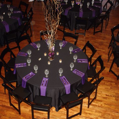 Black and purple table setting. Black Purple Party Decorations, Purple And Black Themed Party, Purple Black And Silver Wedding Decor, Black Purple Wedding Theme, Purple Silver Black Party, Purple And Black 40th Birthday Decorations, Black Silver Purple Table Decor, Gold Black And Purple Party Decorations, Black And Purple Decorations
