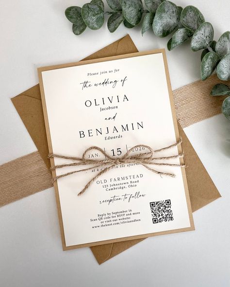 QR Codes for online rsvp's are the newest trend for invitations! Don't blow your budget on rsvp cards and return postage and your guests no longer have to worry about returning those rsvp cards. Our QR code invite line gives a fun, modern, and unique touch to your wedding or special event all on 1 single invite card! This lovely rustic wedding invitation is perfect for any wedding! Boho, rustic, farmhouse, and great for any season!  We'll create your QR code for you - just give us your wedding website address! The 5x7 invite is printed on a creamy ivory cardstock with a kraft matting. Comes with blank kraft envelopes and twine.   {  HOW TO ORDER  }   1.)  PURCHASE - Select Number of Invitations needed. Leave desired wording in personalization section or note to seller 2.)  REVIEW PROOFS - Tied Wedding Invitations, Online Wedding Rsvp Wording, Wedding Invitations Ideas Rustic, Wedding Invites Qr Code, Qr Code Wedding Rsvp, Boho Wedding Invitations Diy, Farmhouse Wedding Invitations, Simple Fall Wedding Invitations, Rsvp Card With Qr Code