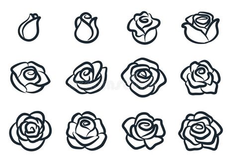 Black and white rose flower vector illustration. Simple rose blossom icon set. Nature, gardening, love, Valentine`s day theme. Design element vector illustration Croquis, Rose Doodle, Rose Drawing Simple, Rosas Vector, Simple Rose Tattoo, Rose Reference, Rose Outline, Rose Drawing Tattoo, Valentines Day Drawing