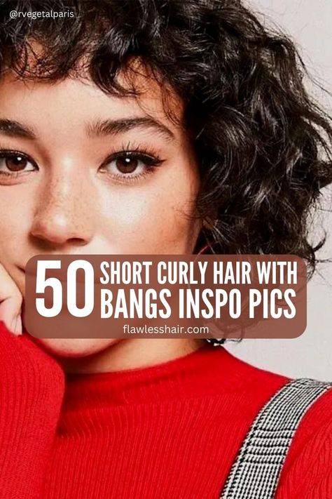 A few pieces around the face flatter the features and complement the curls. These short curly hair with bangs styles will inspire you to go for it. Permed Bob Hairstyles, Curly Bob Bangs, Short Curly Hair With Bangs, Curled Bob Hairstyle, Shirt Curly Hair, Bangs Inspo, Very Short Bangs, Bangs Styles, Curled Bangs