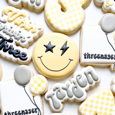 Maison Wells on Instagram: "vibin’ and thrivin’ threenager ✨" Vibin Thriving And Three Birthday, Threenager Cookie Ideas, Threenager Birthday Party Boy, Threenager Cookies, Vibin Thrivin And Three, One Happy Dude Cookies, Threenager Birthday Party Decorations, Threenager Birthday Party, Threenager Birthday