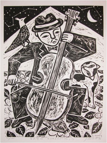 Black and White: block printing Kenji Miyazawa, Instruments Guitar, Linoleum Print, Relief Printing, Linocut Art, Woodcuts Prints, Relief Print, Block Prints, Wood Engraving